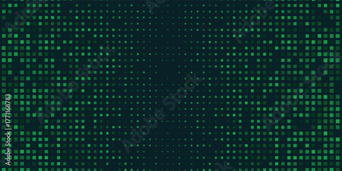 Digital green pixel pattern background with glowing squares - cyber grid for game interface, tech wallpaper.