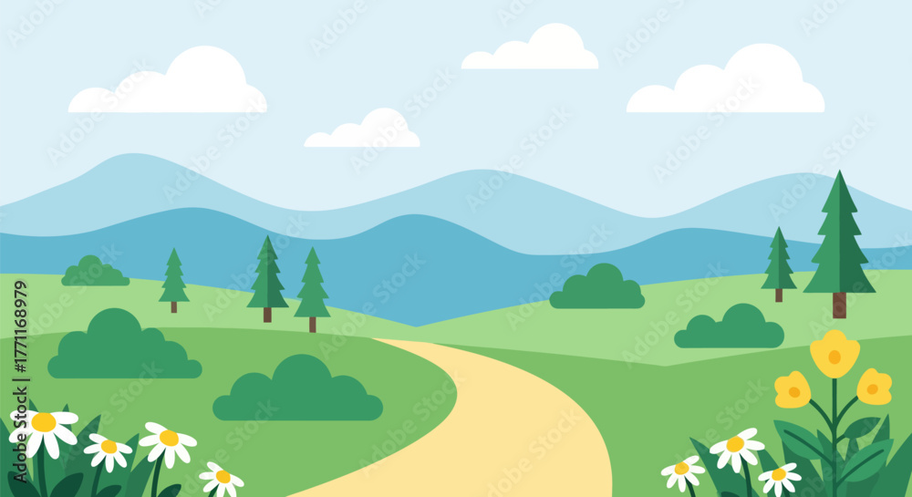 Obraz premium A serene landscape with rolling hills trees and a winding pathway