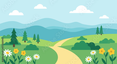 A peaceful landscape featuring rolling green hills path and distant mountains