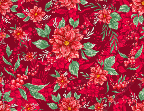 Hand Drawn Poinsettia Christmas Pattern | Botanical Red Flower and Berry Seamless Design for Holiday Season Red Background