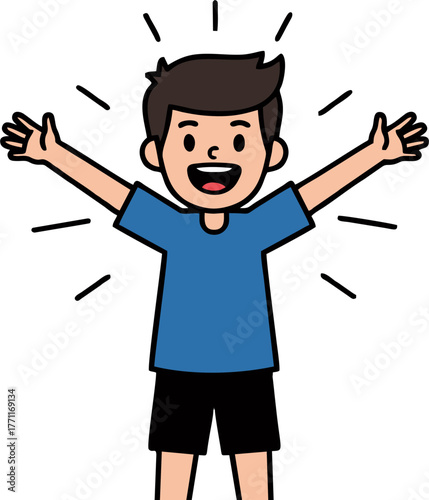 Happy young boy with open arms expressing joy and excitement.