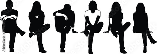 Set of people sitting silhouette poses, male and female figures in casual sitting positions, detailed black vector illustration for design, lifestyle, and artwork themes