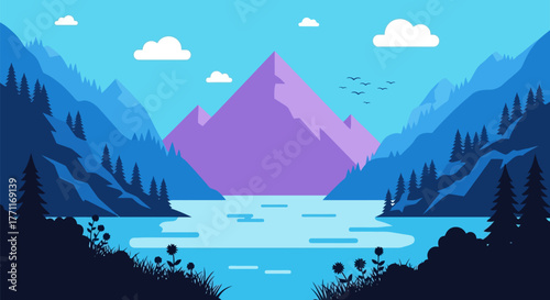 Minimalist landscape with mountains sun and green fields illustration