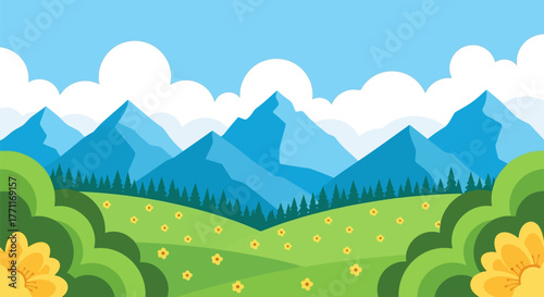 Peaceful mountain landscape with green fields and a bright blue sky