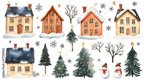 Seamless watercolor pattern of houses, Christmas tree, winter boots and Christmas decorations on a white background. Beautiful ornament for wrapping paper, textiles and printing in New Year, winter