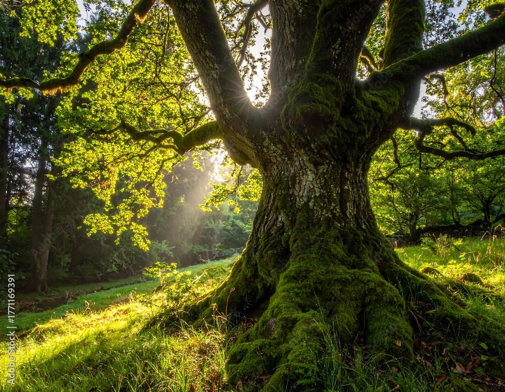 Naklejka premium Large, mossy oak tree in a sunlit forest glade