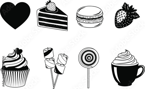 Sweet dessert and candy black silhouette collection, cupcake, cake slice, macaron, strawberry, lollipop and coffee cup vector illustration for bakery design