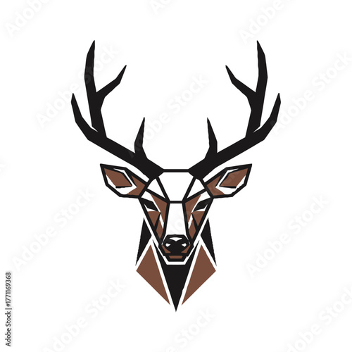 Geometric illustration of a majestic stag's head with large antlers, rendered in brown and black polygons against a white background.