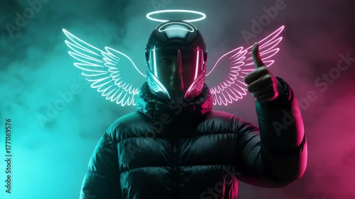 Futuristic figure with angelic wings and halo gives a thumbs up in a vibrant neon-lit atmosphere