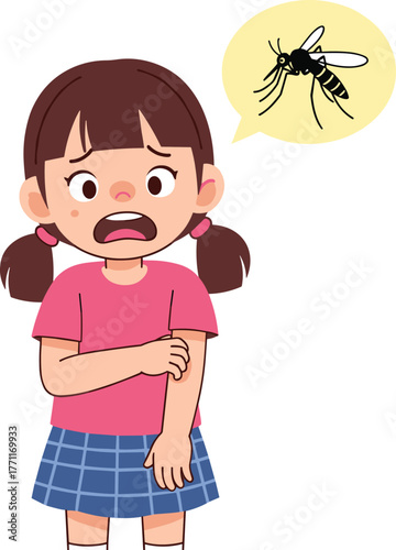 Cartoon Girl Reacting to Mosquito Bite with Concerned Expression, Calm Mood, One-Panel Health Awareness Vector Illustration Design