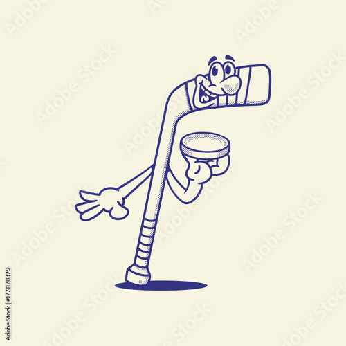 Groovy hokey stick and ball character in retro cartoon. Mascot, vector, icon, collection, sticker, vintage, illustration, set, funny, logo, comic, editable, sport