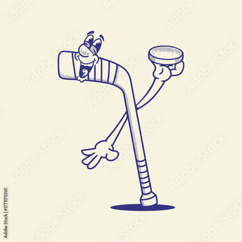 Groovy hokey stick and ball character in retro cartoon. Mascot, vector, icon, collection, sticker, vintage, illustration, set, funny, logo, comic, editable, sport