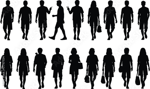 Vector illustration of men and women silhouettes walking forward, casual people collection, modern lifestyle concept, urban fashion and movement design