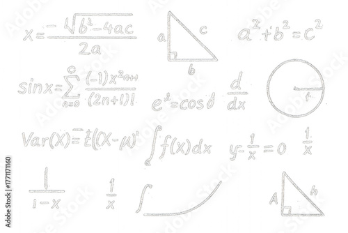 Mathematical formulas and equations scattered randomly on transparent background. Mathematical formulas and scientific equations