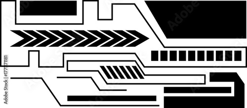 Abstract black and white futuristic graphic with geometric lines, shapes, and patterns resembling a high-tech schematic.