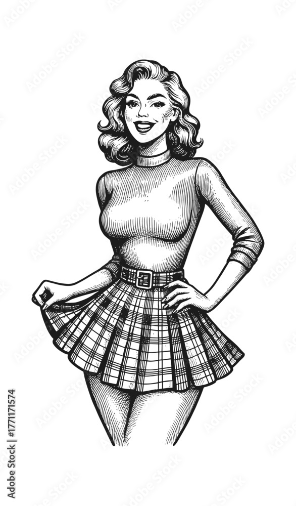 Obraz premium Smiling Woman in Plaid Skirt – Retro Pin-Up Style Fashion Illustration