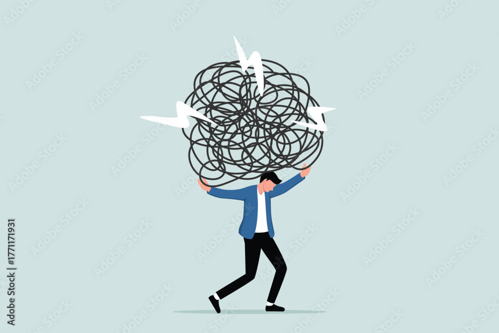 Φωτογραφία The burden of stress or anxiety due to difficulties and excessive workload, pressure due to too much responsibility, the exhausted entrepreneur carrying a heavy and messy rope on his back