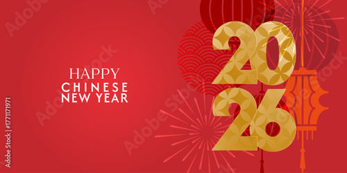 chinese new year 2026, year of the horse. vector abstract web banner with tradition symbols, asian lantern, fireworks, red background, lettering in modern illustration