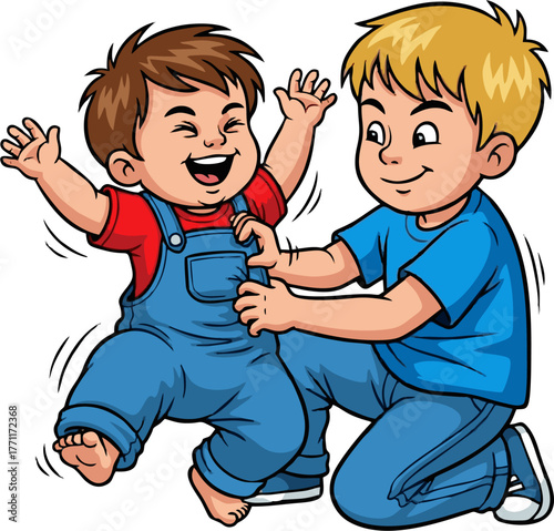 Two happy brothers playing together, one tickling the other, full of joy and laughter.