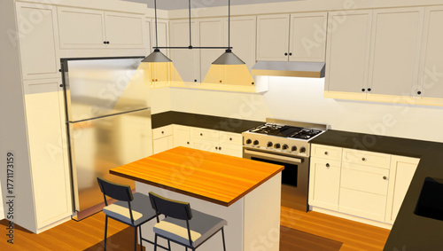 Modern white kitchen with island and pendant lights