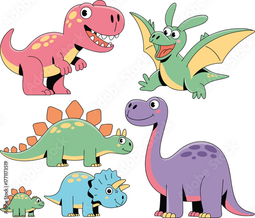 Cute colorful cartoon dinosaur vector illustration set, featuring T-Rex, pterodactyl, stegosaurus, triceratops, and brontosaurus in playful prehistoric style for kids learning