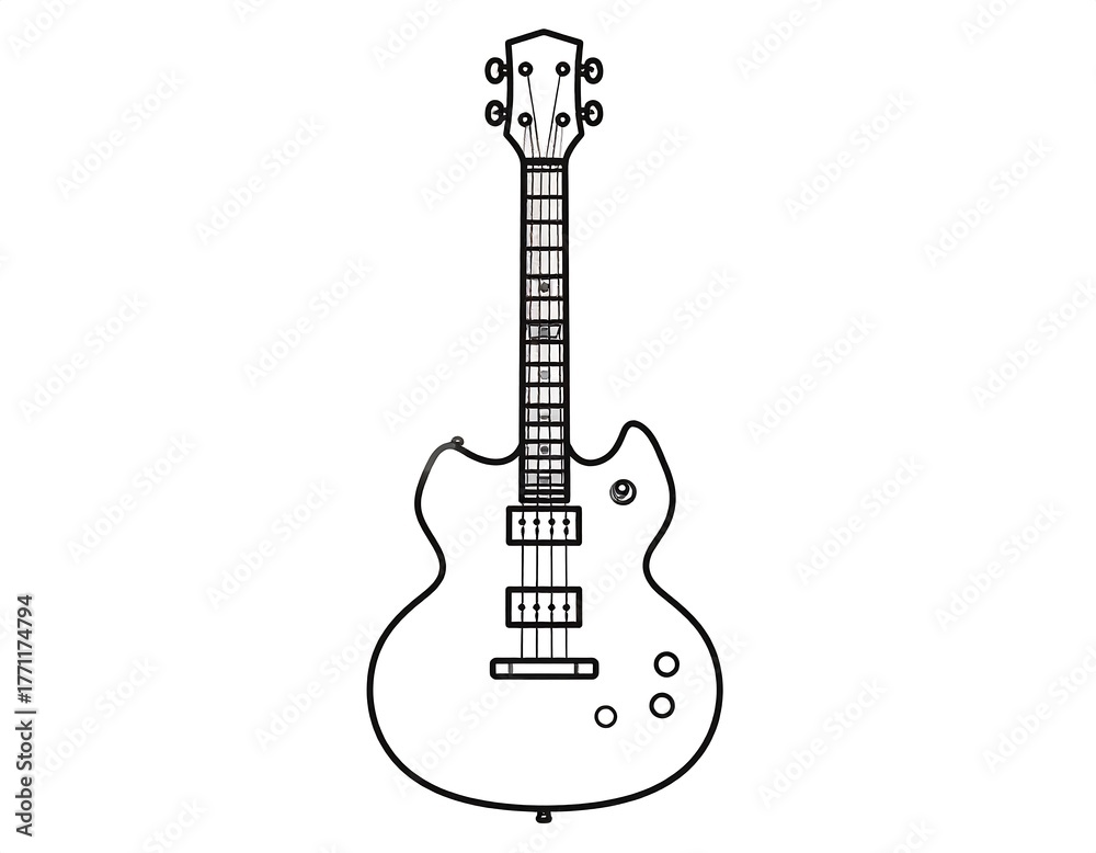 Naklejka premium Line drawing of an electric guitar against a white background. It features a headstock, neck, body, and controls, ideal for design