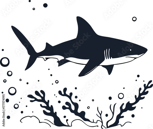 Shark swimming underwater in dark silhouette with ocean plants and bubbles in minimal vector style for marine themes