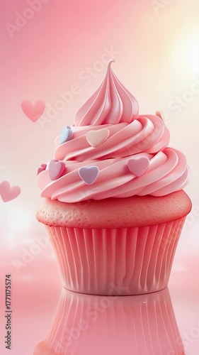 pink cupcake with pink frosting on a pink background