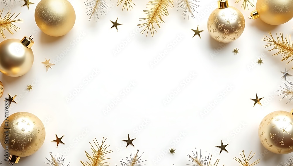 Fototapeta premium Minimal flat lay of golden Christmas ornaments and sparkling decorations arranged neatly on a white background with elegant shadows and copy space for holiday greeting.
