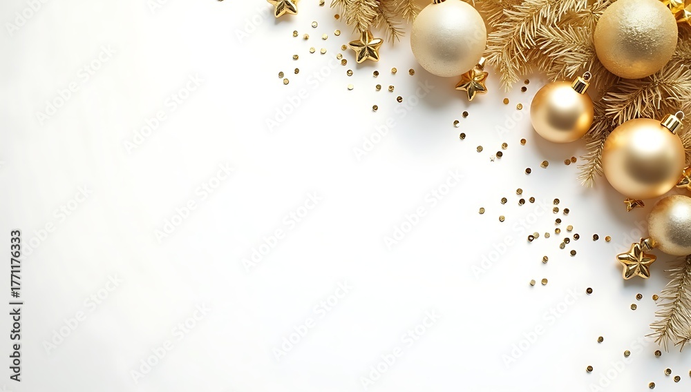 Fototapeta premium Minimal flat lay of golden Christmas ornaments and sparkling decorations arranged neatly on a white background with elegant shadows and copy space for holiday greeting.