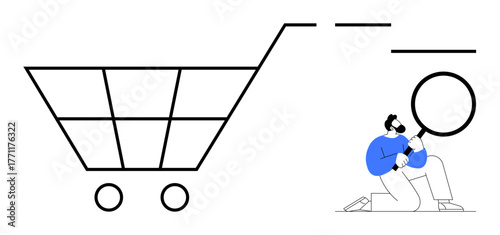 Shopping cart with large magnifying glass held by a man examining. Ideal for e-commerce, product research, online shopping, customer behavior, business analysis, marketing, simple flat metaphor