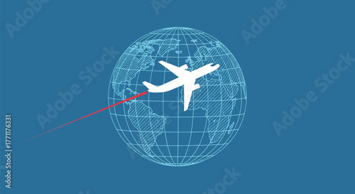 Airplane flying around the world globe with a red trail on a blue background