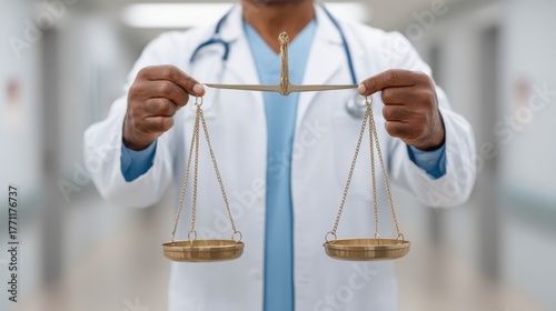 Medical Professional Holding Scales of Justice in Hospital Environment Representing Legal and Ethical Balance in Healthcare Decisions