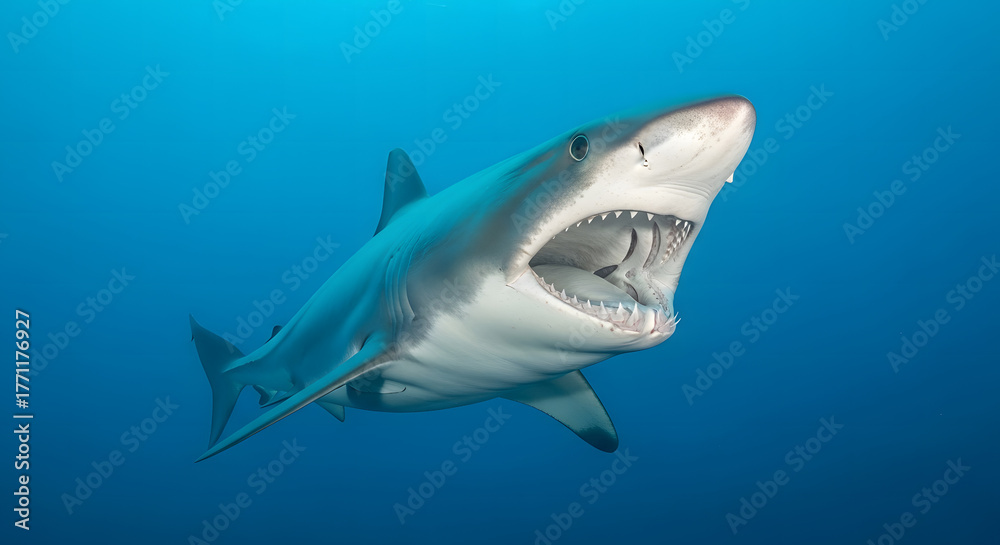 Naklejka premium Underwater close-up of a fierce shark with mouth open showing teeth in deep blue water