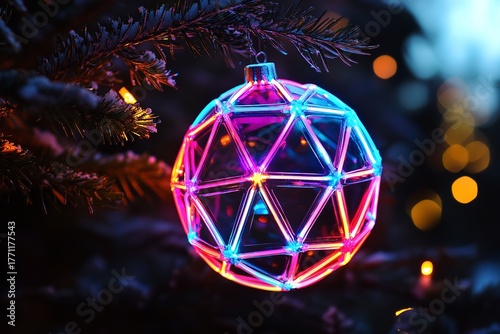 Geometric Christmas Ornament with Neon Lights on a Tree, Generative AI.