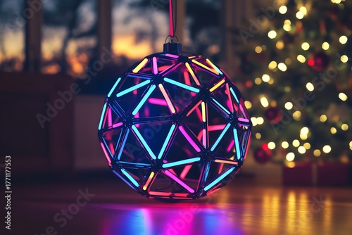 Modern Geometric Christmas Ornament with Neon Lights and Bokeh Background, Generative AI.