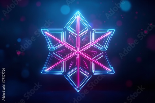 Abstract Neon Snowflake Geometric Design Glowing Blue and Pink, Generative AI.