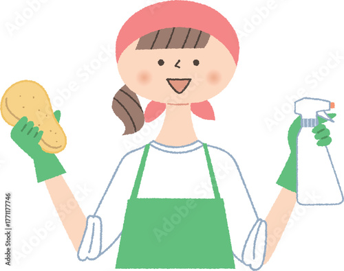 掃除道具を持っている女性