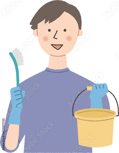 バケツとブラシを持つ男性