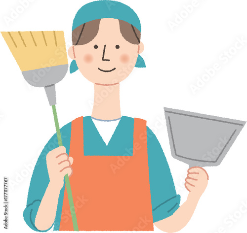 ほうきとちりとりを持つ男性