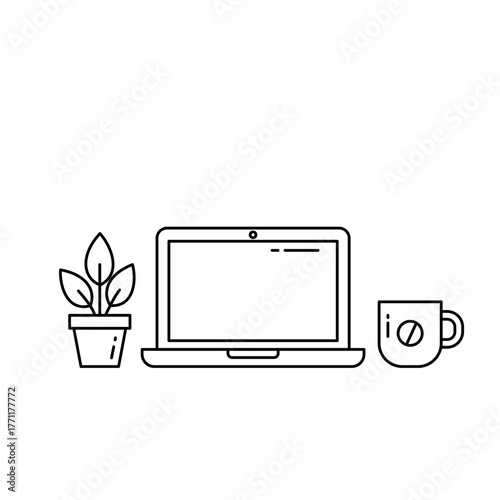 Remote Work Desk with Laptop and Coffee Line Icon