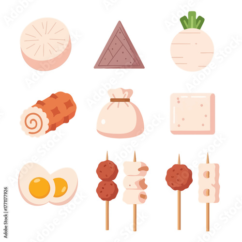 Assorted Japanese street food skewers and snacks with sauce