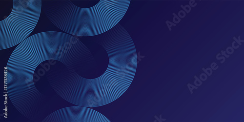 Abstract blue glowing geometric lines on dark blue background. Modern shiny blue circle lines pattern. Futuristic technology concept. Suit for cover, poster, banner, brochure, illustration