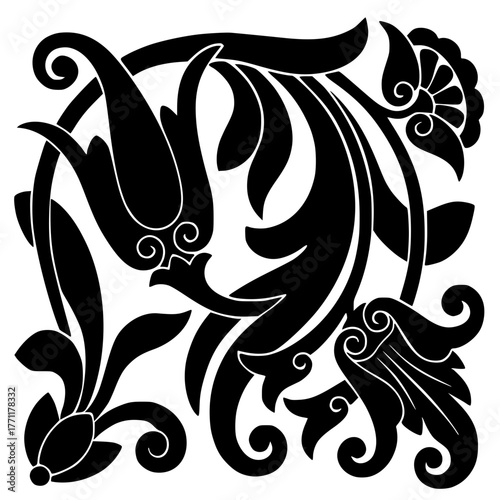 
Ornamental floral pattern with tulips and swirls black silhouette. Decorative botanical motif with flowers and leaves.