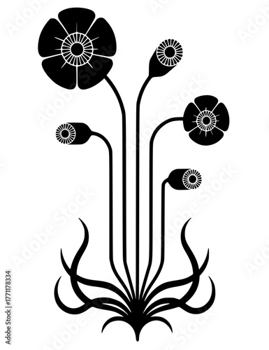 A bold, black vector graphic of five stylized flowers on winding stems, showcasing symmetrical balance and a strong Art Nouveau influence. This elegant motif is perfect for decorative, botan