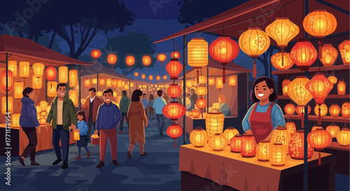Vibrant lantern festival featuring a bustling marketplace and joyful celebration