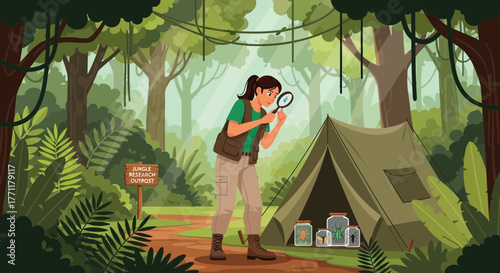 Animated jungle researcher examining insects at a research outpost campsite