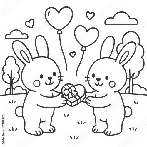 Cute Hand-Drawn Rabbits with Balloons and Gift in a Charming Nature Setting