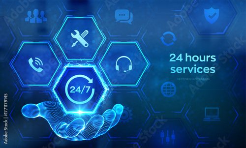 24 hours servises icon in wireframe hand. Technical support. Customer help. 24-7 support. Tech support. Customer service, Business and technology concept on virtual screen. Vector illustration.