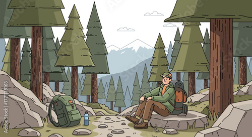 Serene Hiking Break: Cartoon Hiker Taking a Rest in Lush Forest Landscape